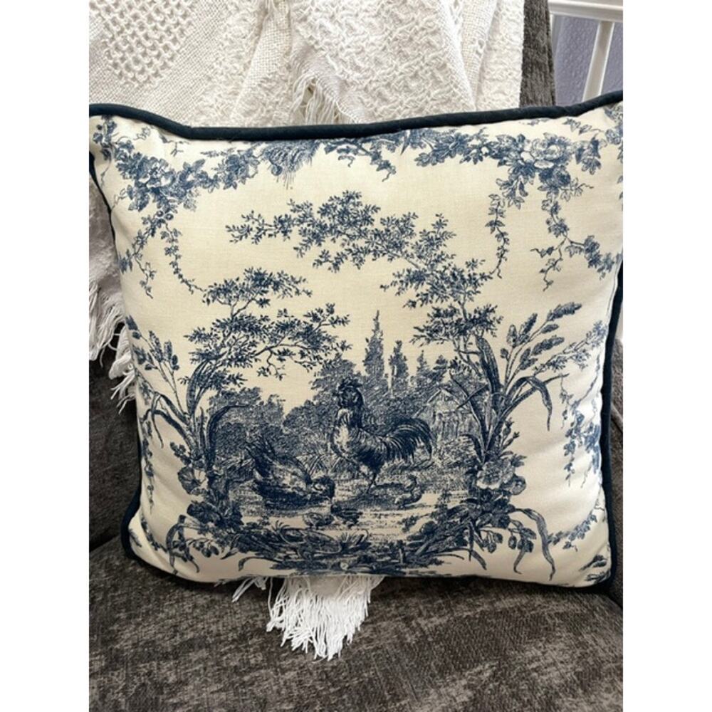 French Country Toile Rooster Farmhouse Accent Pillow Blue White 15x15 Cotton - Picture 7 of 7